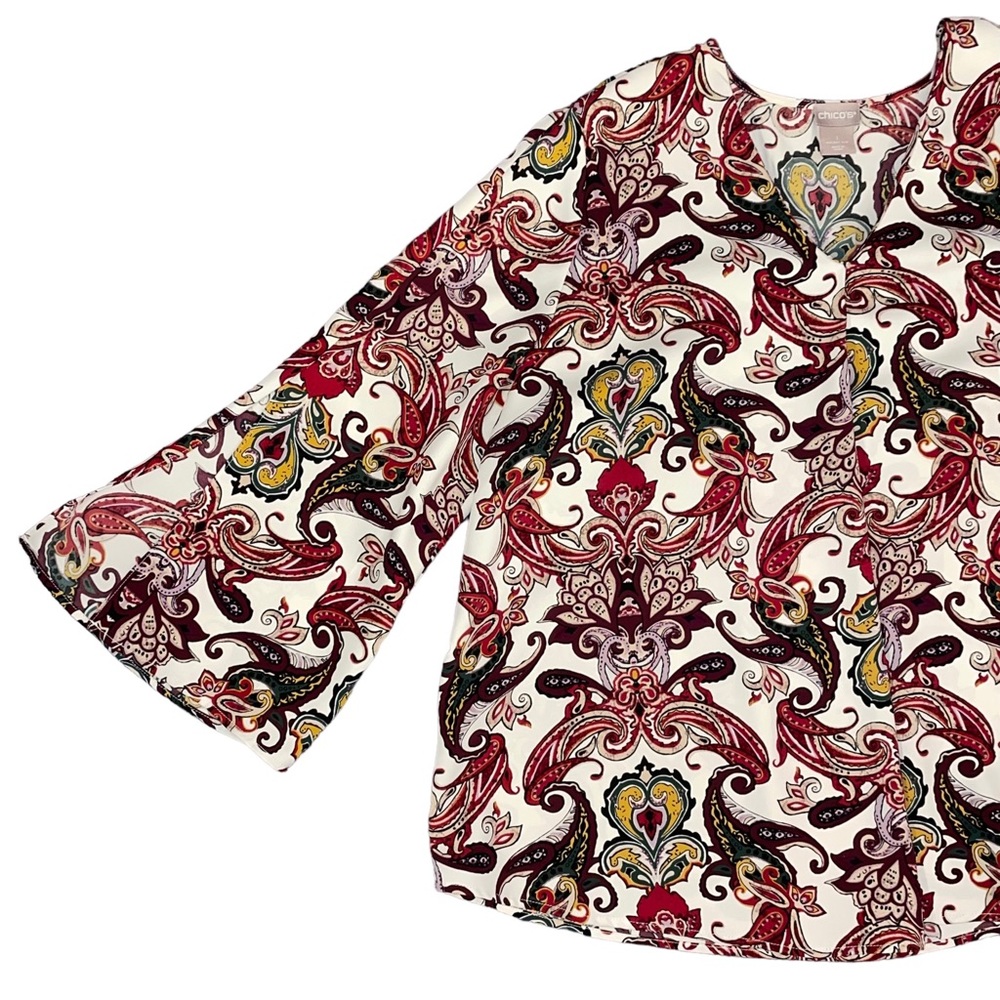Chico’s V Neck Slit Bell Sleeves Floral Paisley Top Sz 1 Burgundy Lavender Green